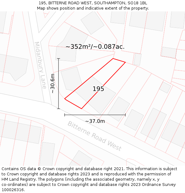 195, BITTERNE ROAD WEST, SOUTHAMPTON, SO18 1BL: Plot and title map