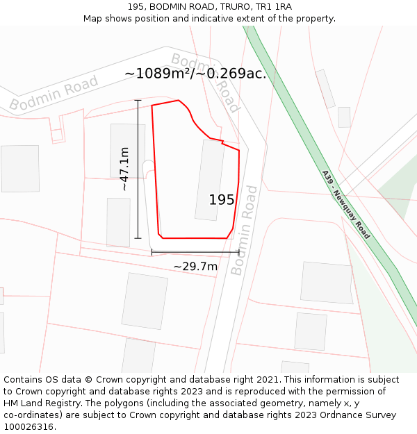 195, BODMIN ROAD, TRURO, TR1 1RA: Plot and title map