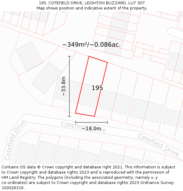 195, COTEFIELD DRIVE, LEIGHTON BUZZARD, LU7 3DT: Plot and title map