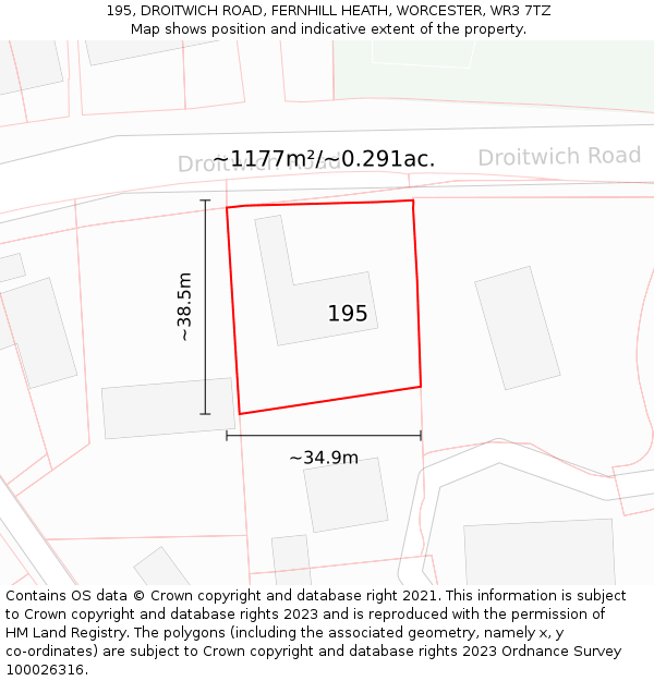 195, DROITWICH ROAD, FERNHILL HEATH, WORCESTER, WR3 7TZ: Plot and title map