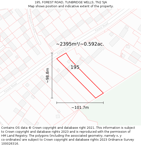 195, FOREST ROAD, TUNBRIDGE WELLS, TN2 5JA: Plot and title map