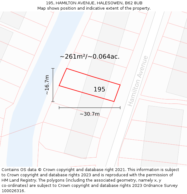 195, HAMILTON AVENUE, HALESOWEN, B62 8UB: Plot and title map
