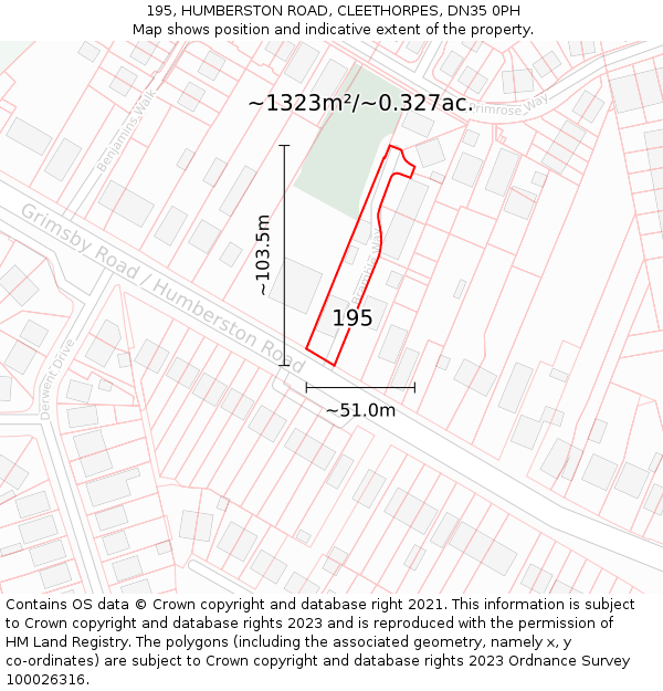 195, HUMBERSTON ROAD, CLEETHORPES, DN35 0PH: Plot and title map