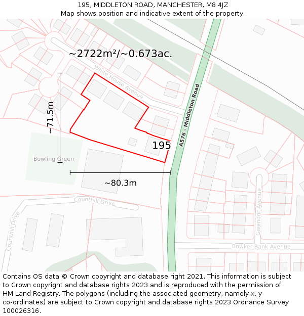 195, MIDDLETON ROAD, MANCHESTER, M8 4JZ: Plot and title map