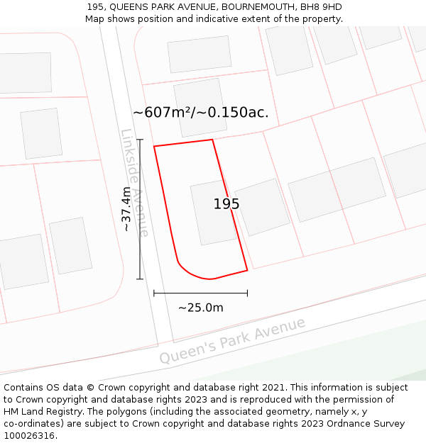 195, QUEENS PARK AVENUE, BOURNEMOUTH, BH8 9HD: Plot and title map