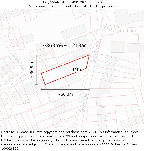 195, SWAN LANE, WICKFORD, SS11 7DJ: Plot and title map