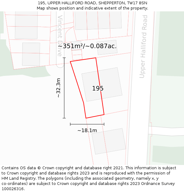 195, UPPER HALLIFORD ROAD, SHEPPERTON, TW17 8SN: Plot and title map