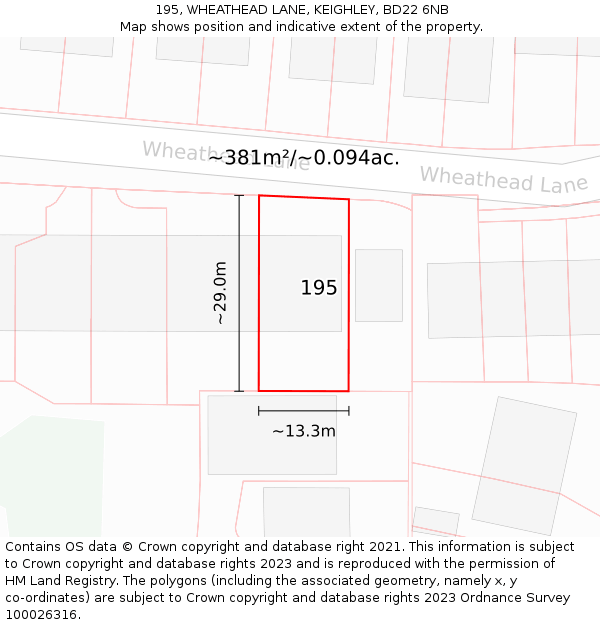 195, WHEATHEAD LANE, KEIGHLEY, BD22 6NB: Plot and title map