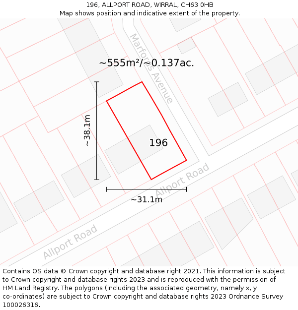 196, ALLPORT ROAD, WIRRAL, CH63 0HB: Plot and title map