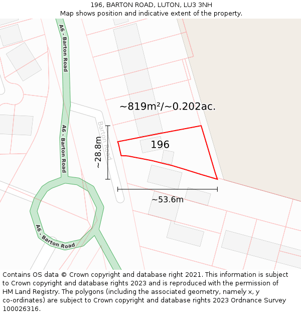 196, BARTON ROAD, LUTON, LU3 3NH: Plot and title map