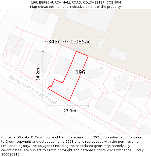 196, BERECHURCH HALL ROAD, COLCHESTER, CO2 9PN: Plot and title map