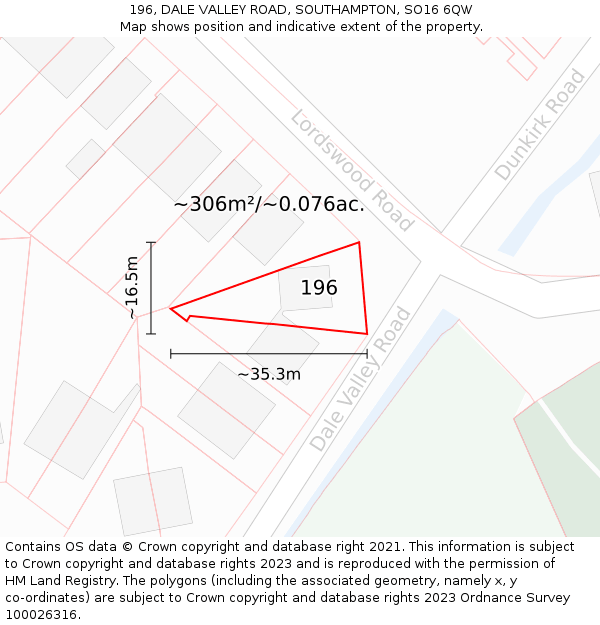 196, DALE VALLEY ROAD, SOUTHAMPTON, SO16 6QW: Plot and title map