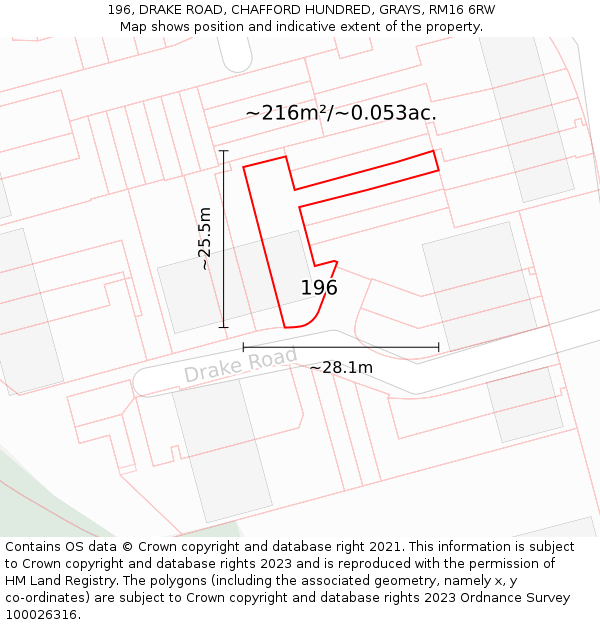 196, DRAKE ROAD, CHAFFORD HUNDRED, GRAYS, RM16 6RW: Plot and title map