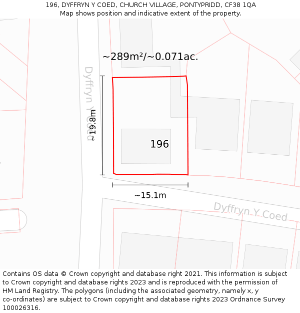 196, DYFFRYN Y COED, CHURCH VILLAGE, PONTYPRIDD, CF38 1QA: Plot and title map