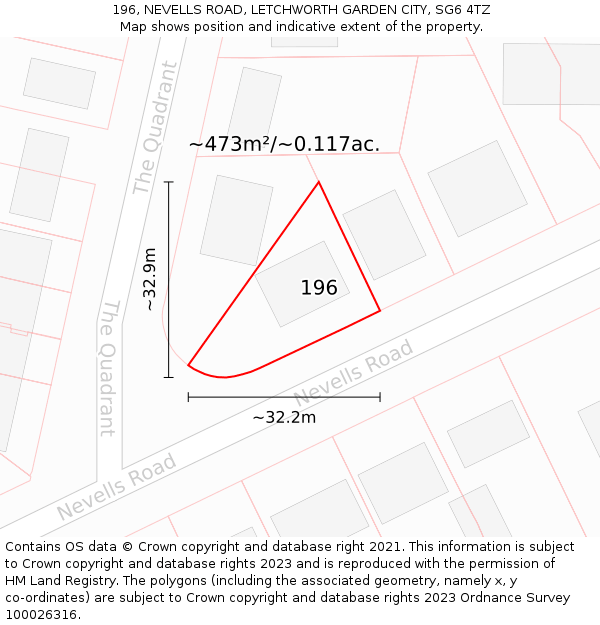 196, NEVELLS ROAD, LETCHWORTH GARDEN CITY, SG6 4TZ: Plot and title map