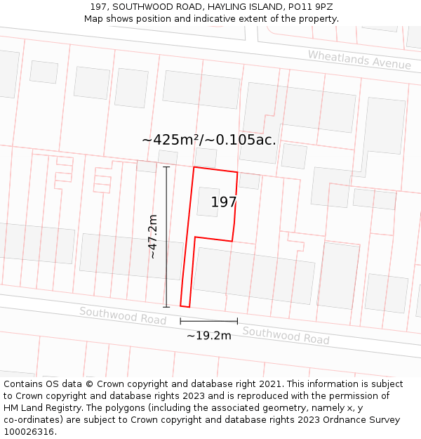 197, SOUTHWOOD ROAD, HAYLING ISLAND, PO11 9PZ: Plot and title map