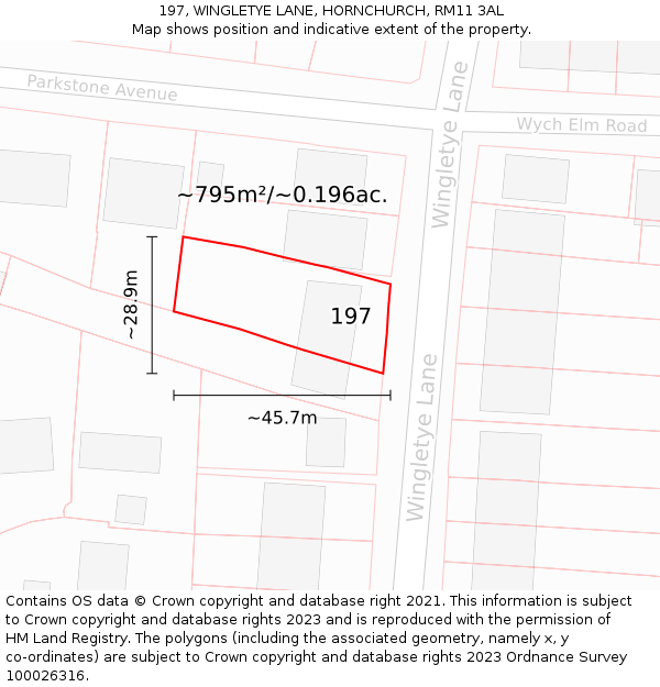 197, WINGLETYE LANE, HORNCHURCH, RM11 3AL: Plot and title map