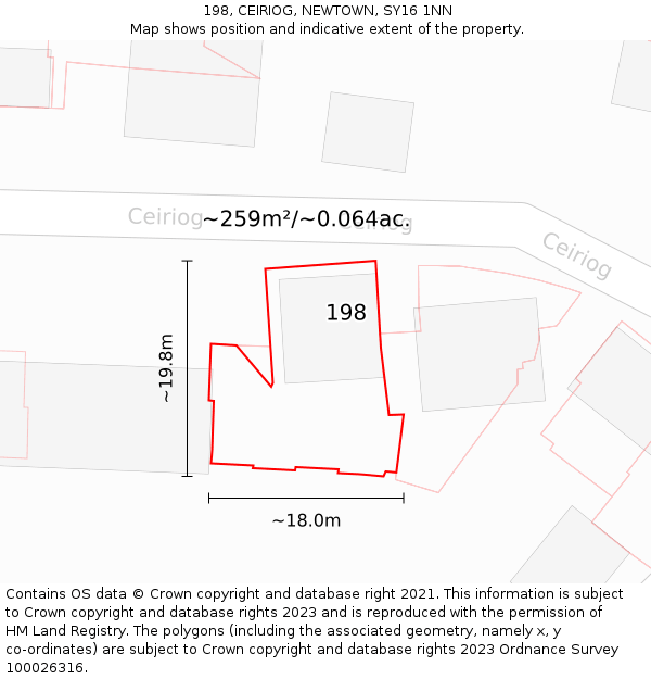 198, CEIRIOG, NEWTOWN, SY16 1NN: Plot and title map