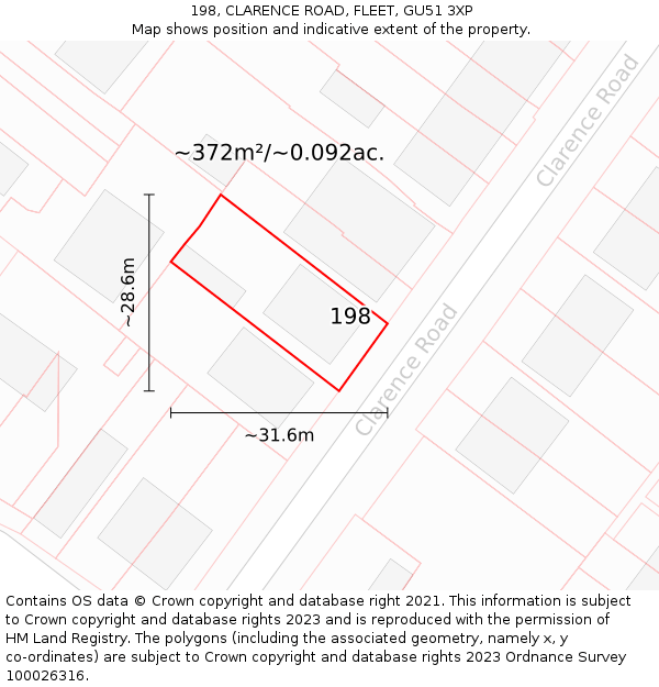 198, CLARENCE ROAD, FLEET, GU51 3XP: Plot and title map