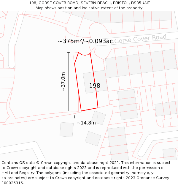 198, GORSE COVER ROAD, SEVERN BEACH, BRISTOL, BS35 4NT: Plot and title map