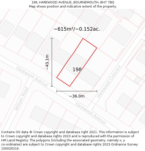 198, HAREWOOD AVENUE, BOURNEMOUTH, BH7 7BQ: Plot and title map