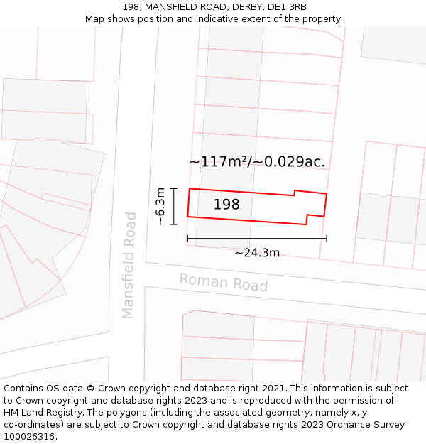 198, MANSFIELD ROAD, DERBY, DE1 3RB: Plot and title map