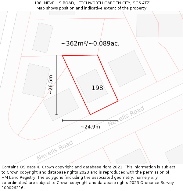 198, NEVELLS ROAD, LETCHWORTH GARDEN CITY, SG6 4TZ: Plot and title map