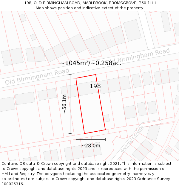 198, OLD BIRMINGHAM ROAD, MARLBROOK, BROMSGROVE, B60 1HH: Plot and title map
