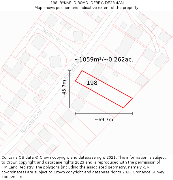 198, RYKNELD ROAD, DERBY, DE23 4AN: Plot and title map
