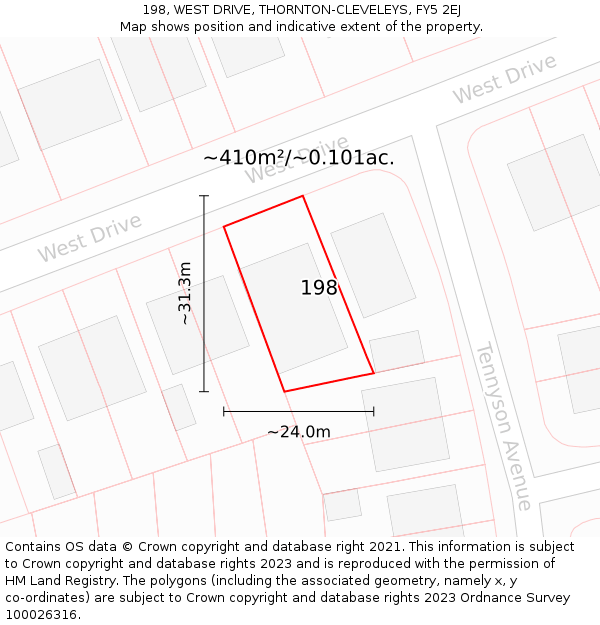 198, WEST DRIVE, THORNTON-CLEVELEYS, FY5 2EJ: Plot and title map