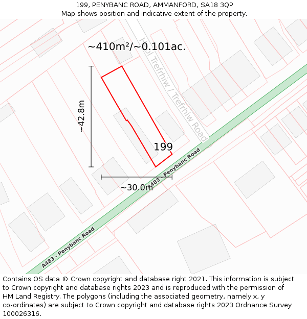 199, PENYBANC ROAD, AMMANFORD, SA18 3QP: Plot and title map