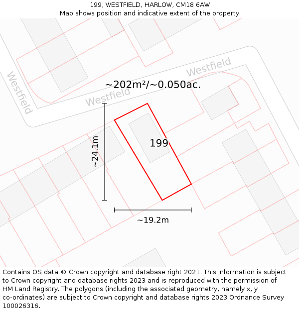 199, WESTFIELD, HARLOW, CM18 6AW: Plot and title map