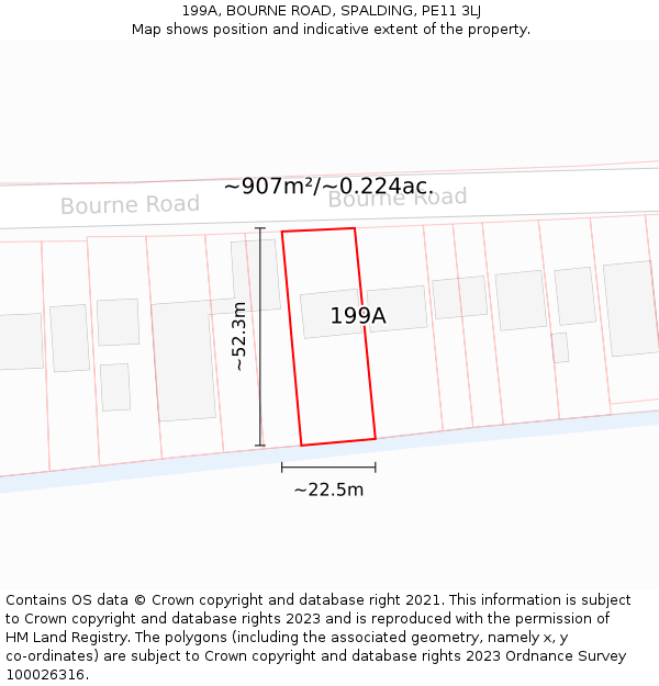 199A, BOURNE ROAD, SPALDING, PE11 3LJ: Plot and title map