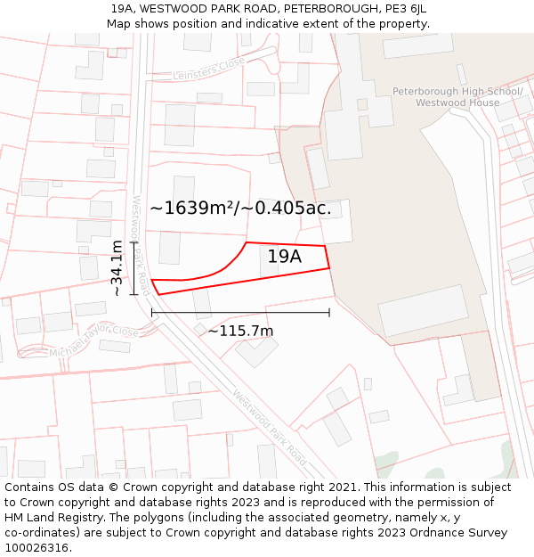 19A, WESTWOOD PARK ROAD, PETERBOROUGH, PE3 6JL: Plot and title map