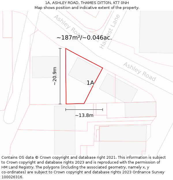 1A, ASHLEY ROAD, THAMES DITTON, KT7 0NH: Plot and title map