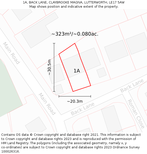 1A, BACK LANE, CLAYBROOKE MAGNA, LUTTERWORTH, LE17 5AW: Plot and title map