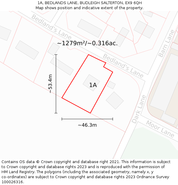 1A, BEDLANDS LANE, BUDLEIGH SALTERTON, EX9 6QH: Plot and title map