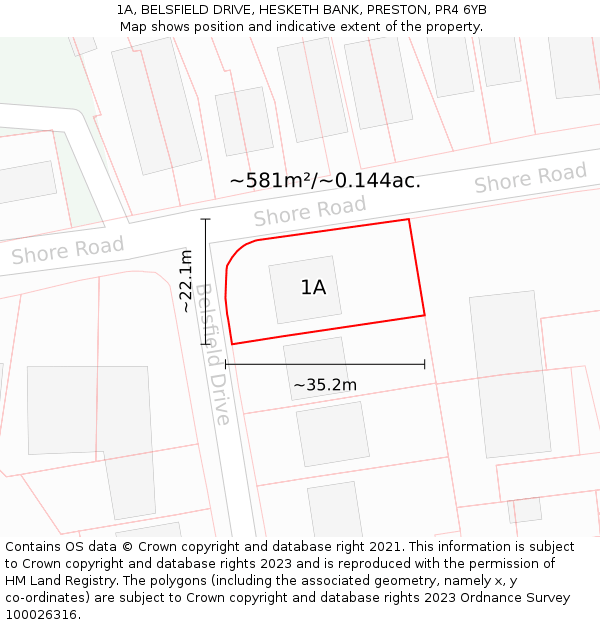 1A, BELSFIELD DRIVE, HESKETH BANK, PRESTON, PR4 6YB: Plot and title map