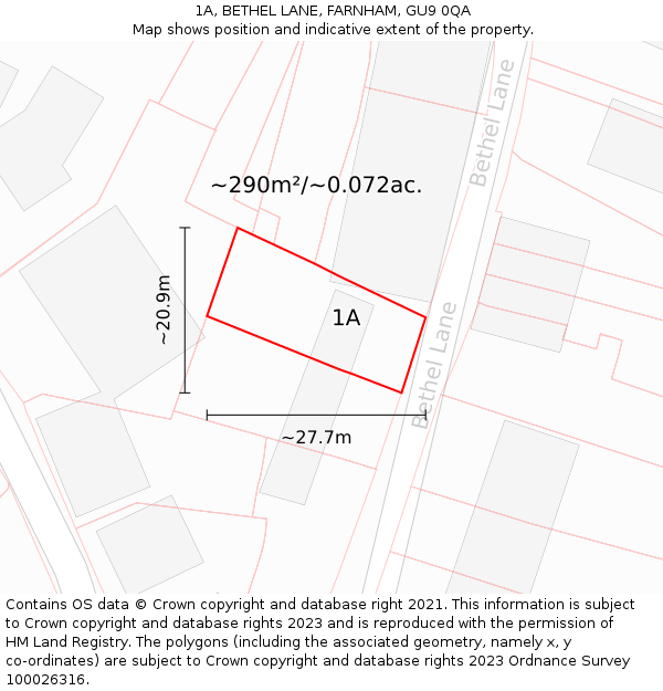 1A, BETHEL LANE, FARNHAM, GU9 0QA: Plot and title map