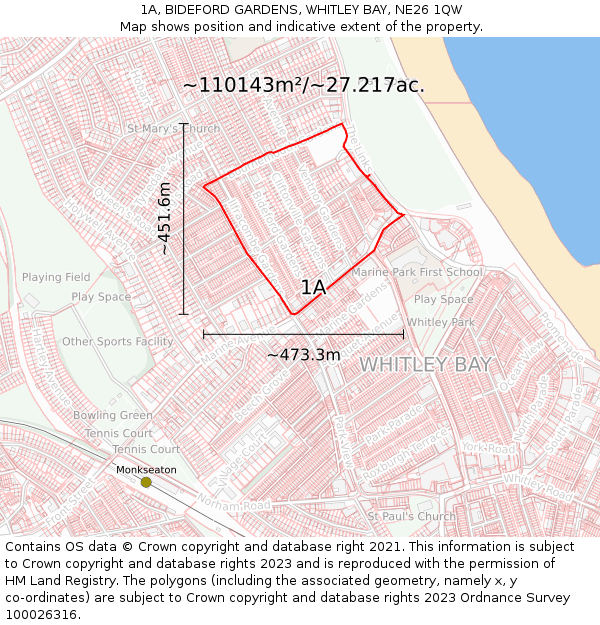 1A, BIDEFORD GARDENS, WHITLEY BAY, NE26 1QW: Plot and title map