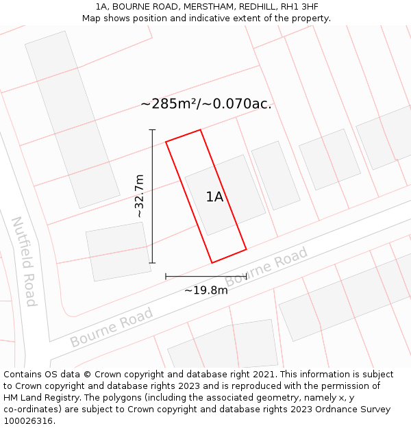 1A, BOURNE ROAD, MERSTHAM, REDHILL, RH1 3HF: Plot and title map