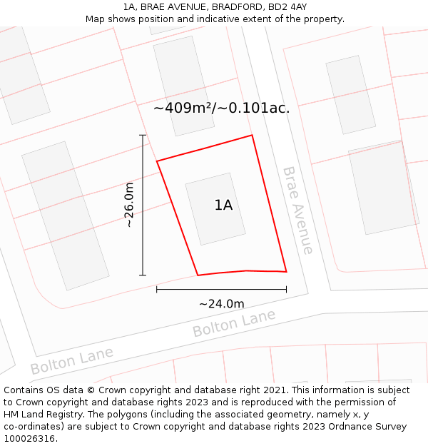 1A, BRAE AVENUE, BRADFORD, BD2 4AY: Plot and title map