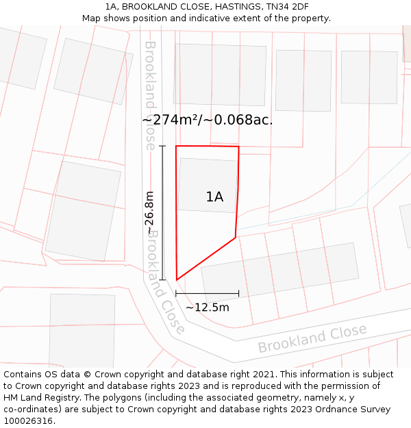 1A, BROOKLAND CLOSE, HASTINGS, TN34 2DF: Plot and title map