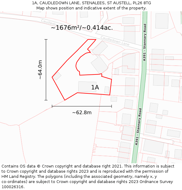 1A, CAUDLEDOWN LANE, STENALEES, ST AUSTELL, PL26 8TG: Plot and title map