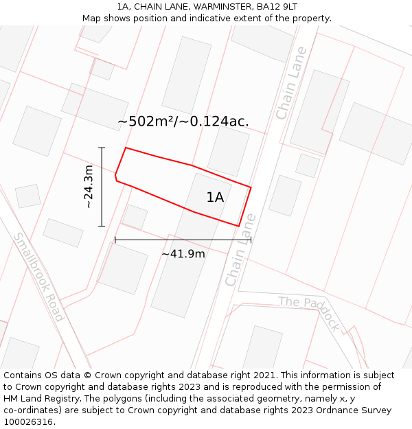 1A, CHAIN LANE, WARMINSTER, BA12 9LT: Plot and title map