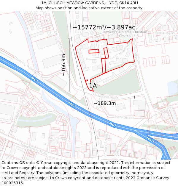 1A, CHURCH MEADOW GARDENS, HYDE, SK14 4RU: Plot and title map