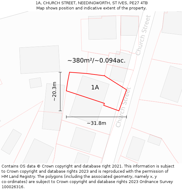 1A, CHURCH STREET, NEEDINGWORTH, ST IVES, PE27 4TB: Plot and title map