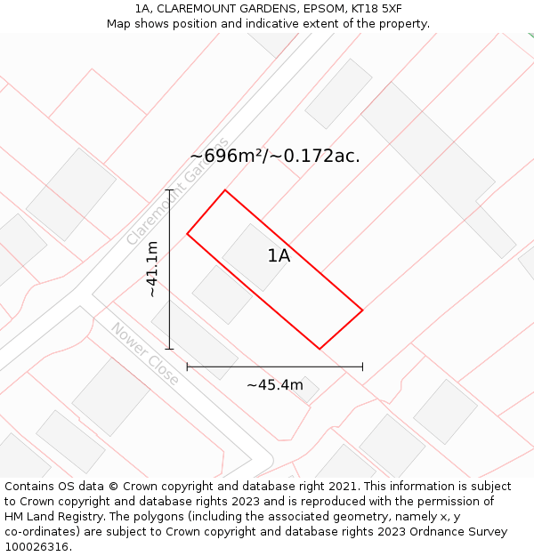 1A, CLAREMOUNT GARDENS, EPSOM, KT18 5XF: Plot and title map