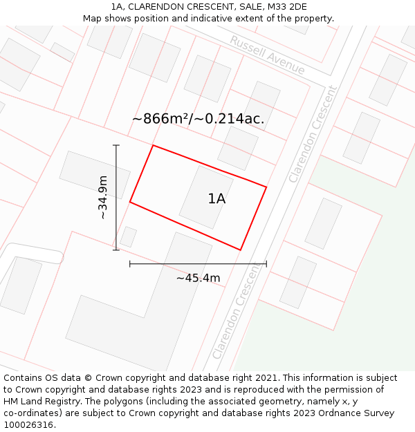 1A, CLARENDON CRESCENT, SALE, M33 2DE: Plot and title map