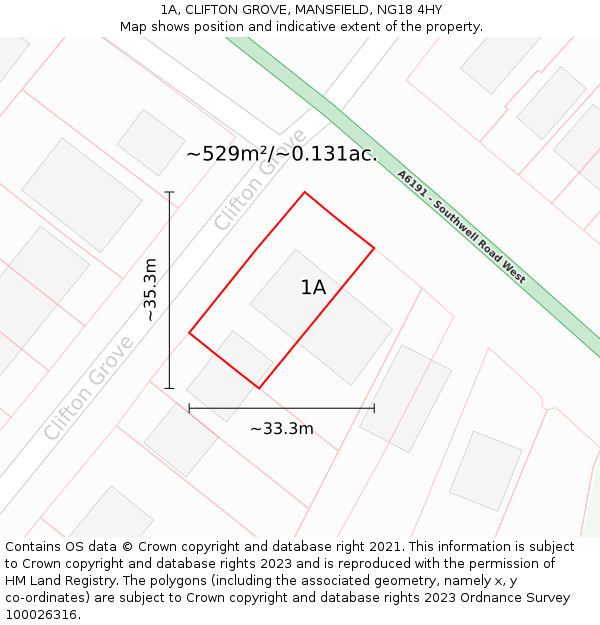 1A, CLIFTON GROVE, MANSFIELD, NG18 4HY: Plot and title map